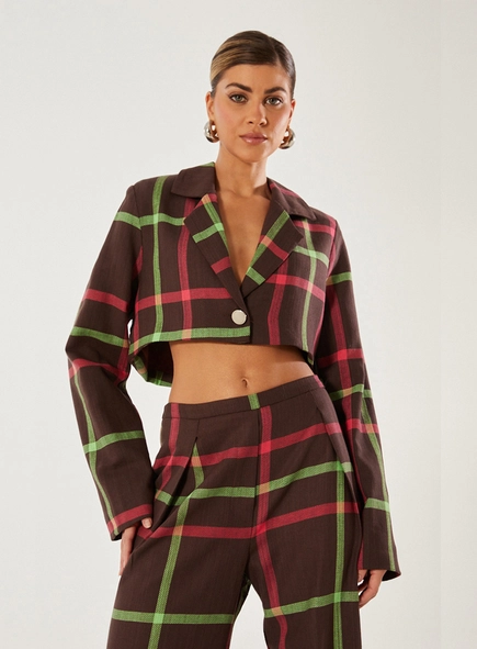 Blazer Cropped Linho Xadrez