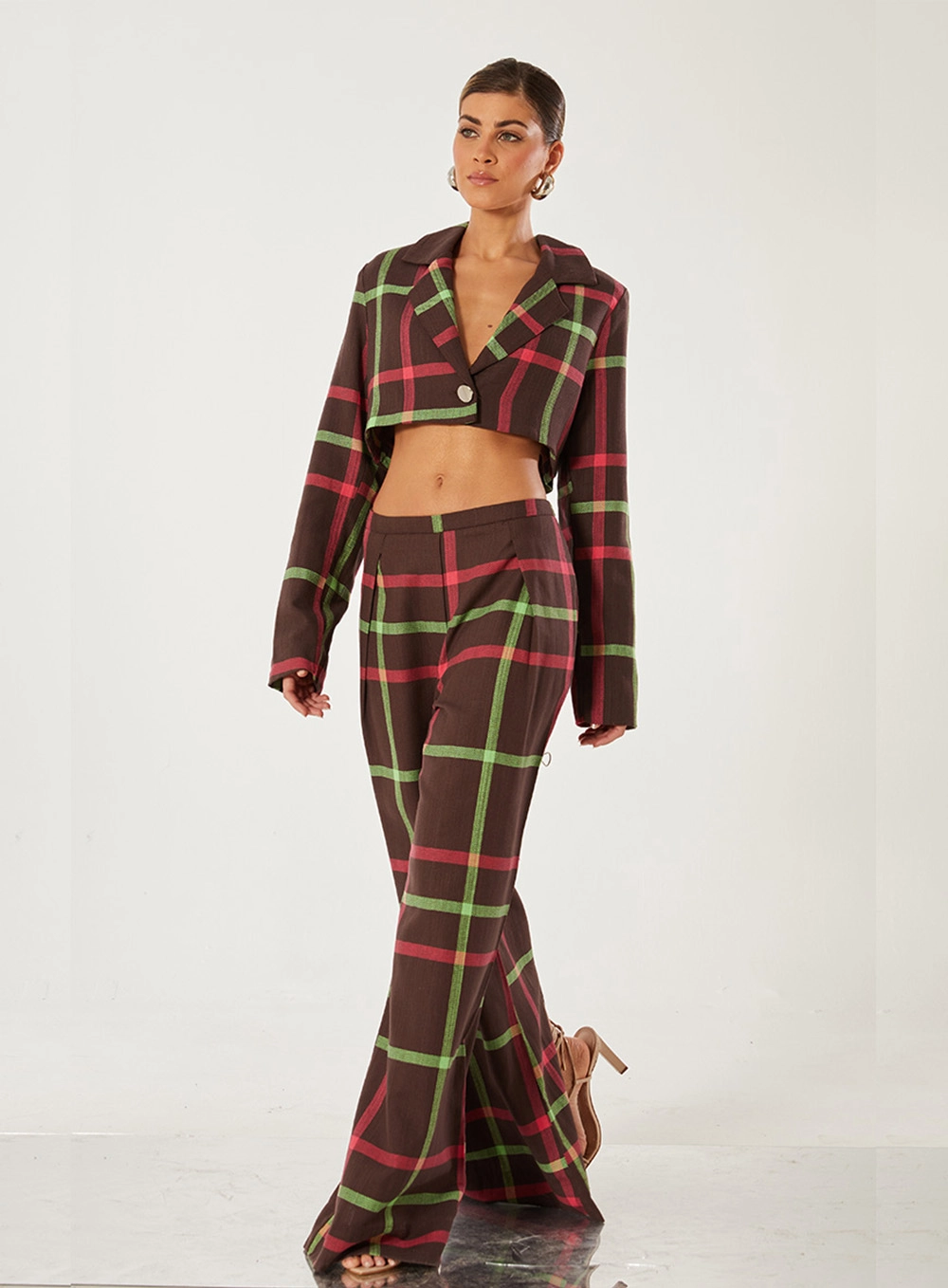 Blazer Cropped Linho Xadrez Estampado 3