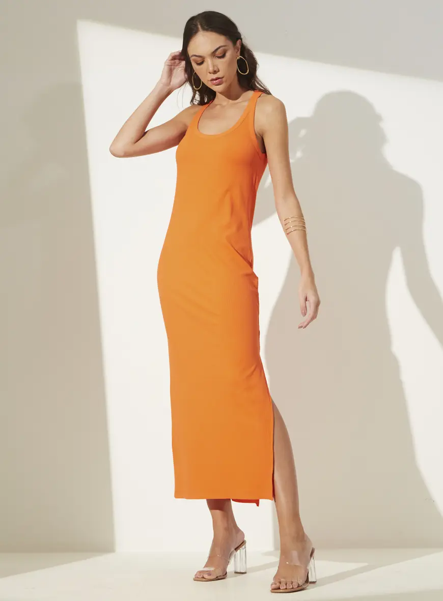 Vestido Midi Canelado Com Fenda Laranja Caprese 1