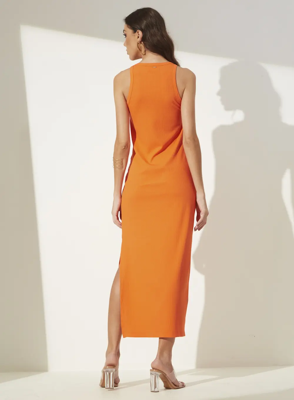 Vestido Midi Canelado Com Fenda Laranja Caprese 2