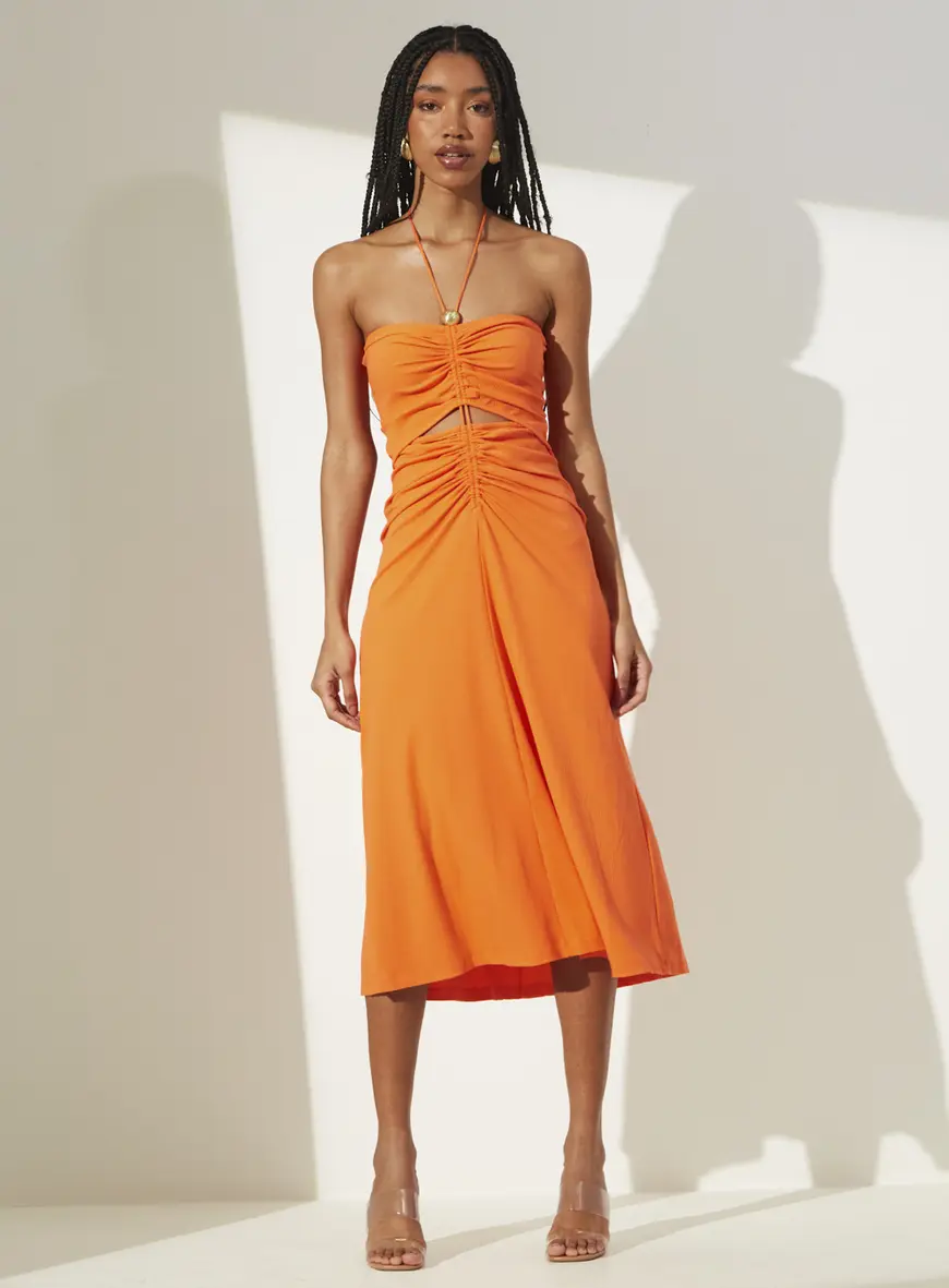 Vestido Midi Com Detalhe Franzido Laranja Caprese 1
