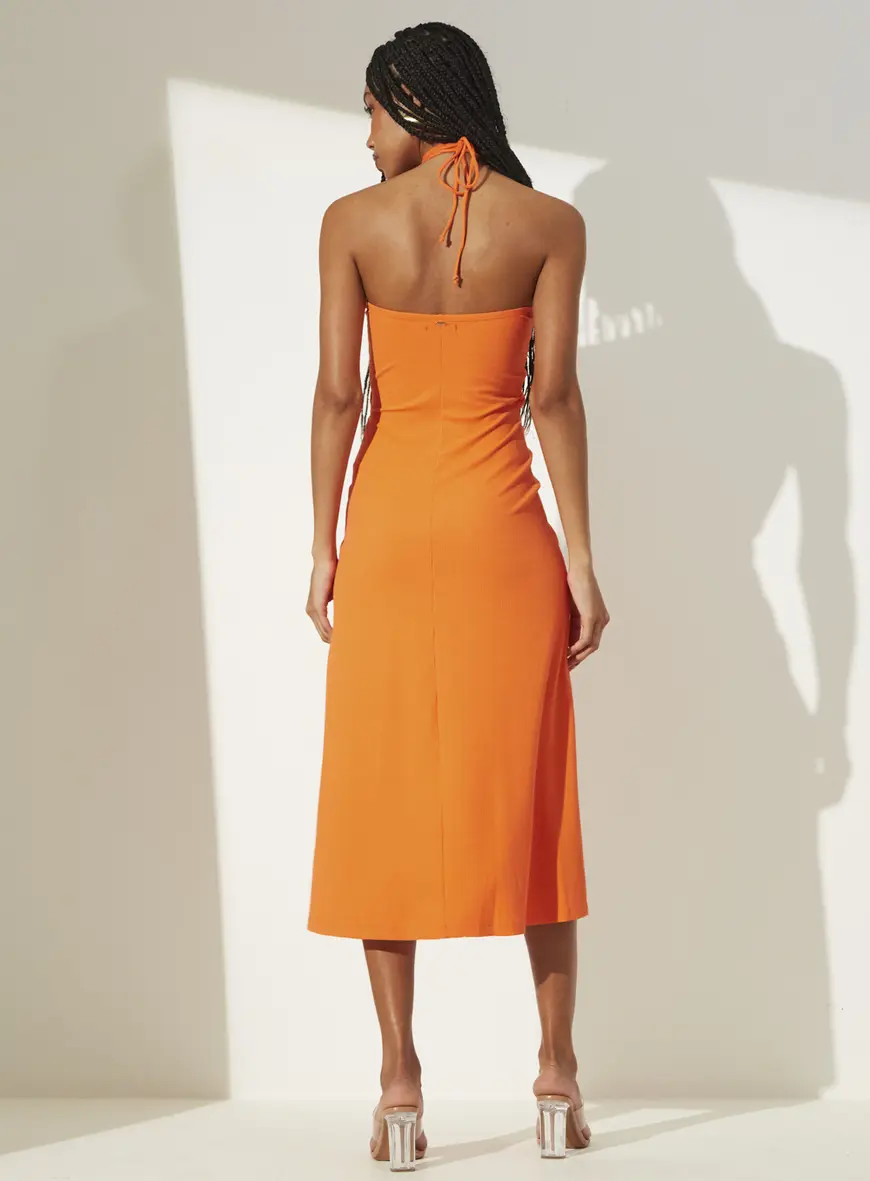 Vestido Midi Com Detalhe Franzido Laranja Caprese 2