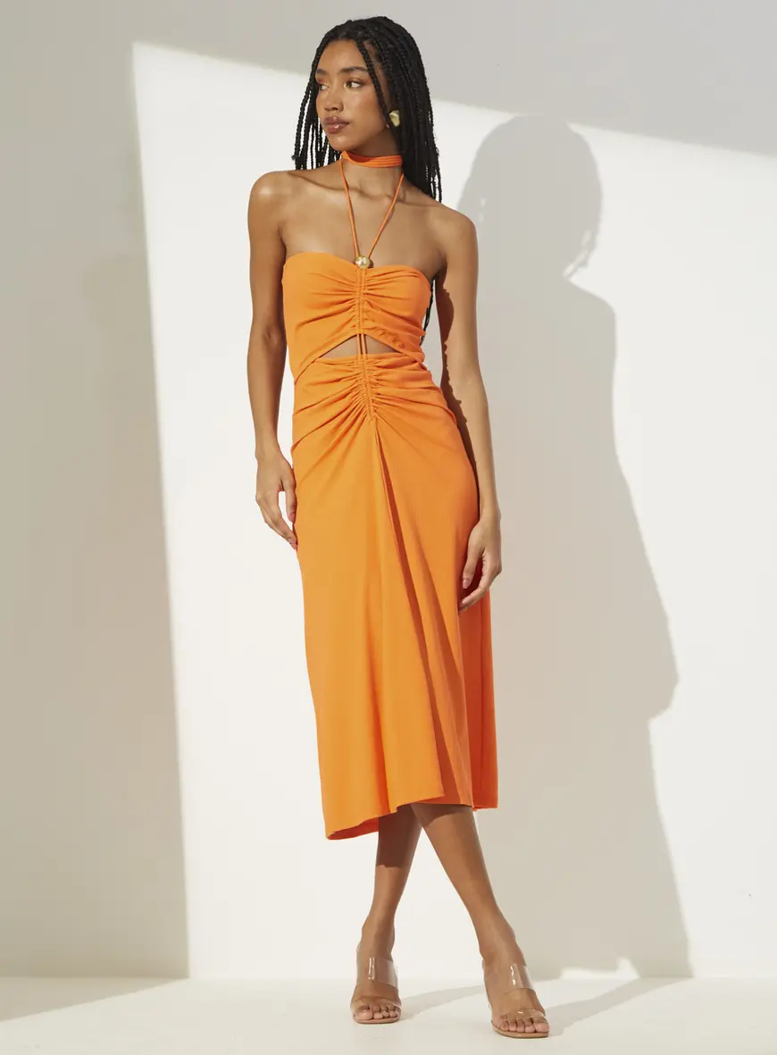 Vestido Midi Com Detalhe Franzido Laranja Caprese 4