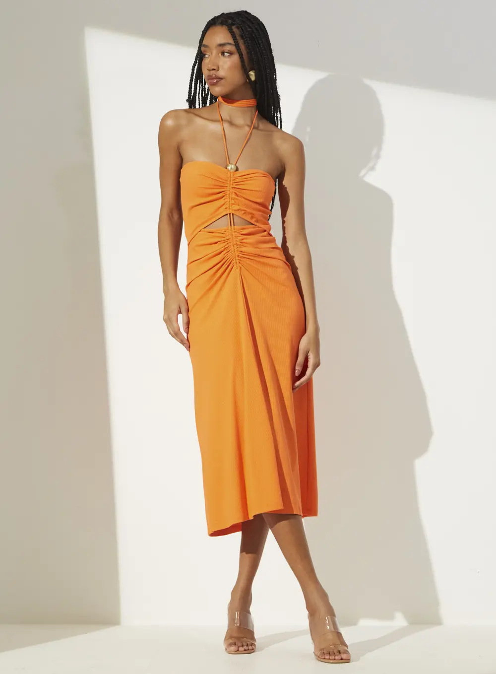 Vestido Midi Com Detalhe Franzido Laranja Caprese 4