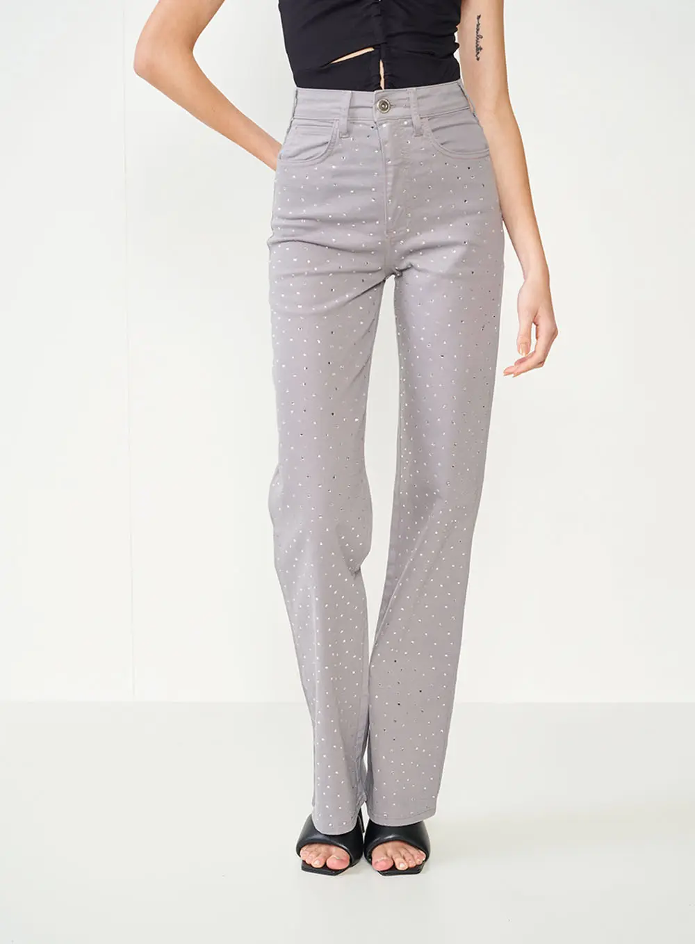 Calça Sarja Juliette Com Aplicação Cinza