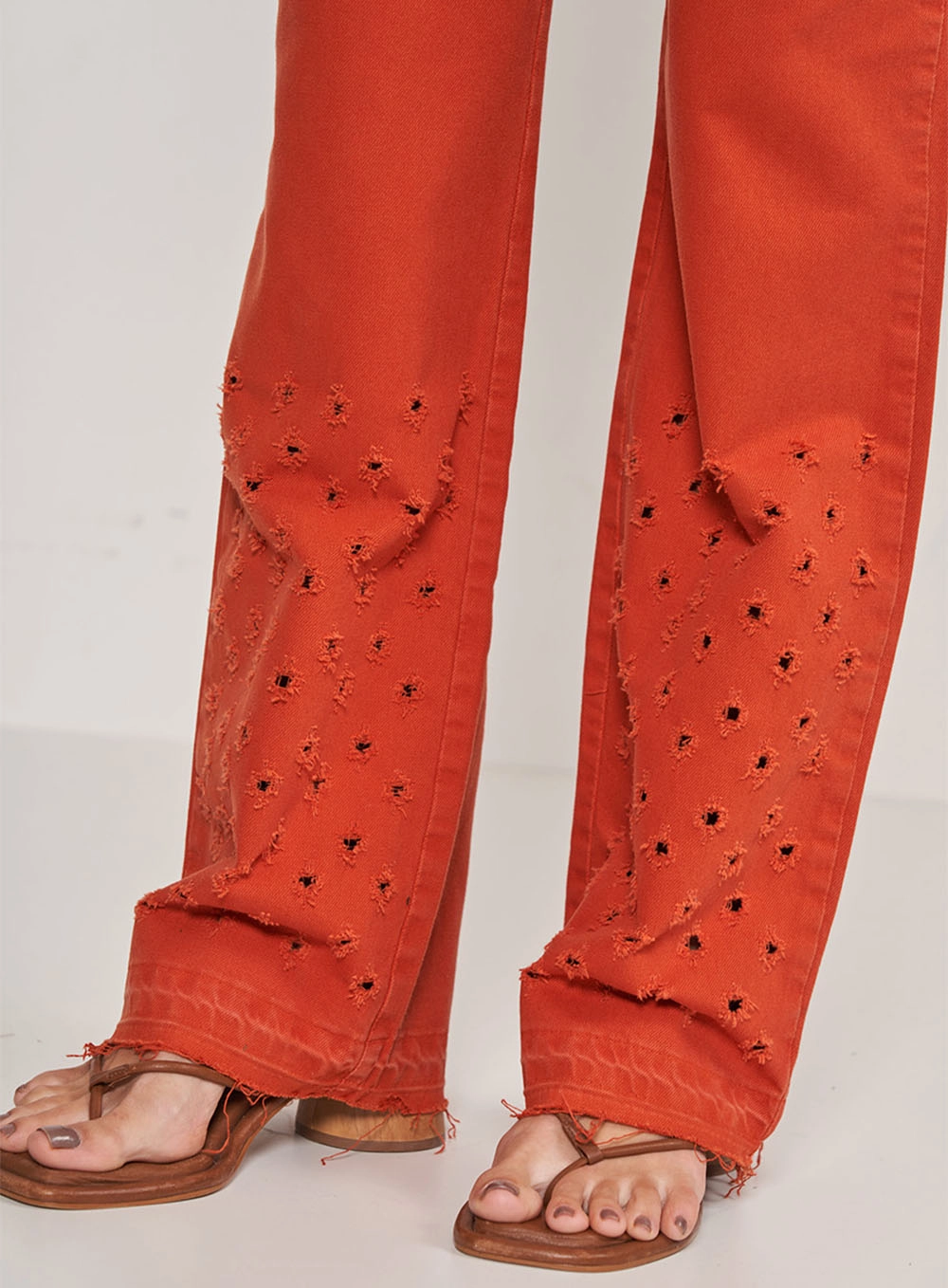 Calça De Sarja Juliette Com Furos Laranja
