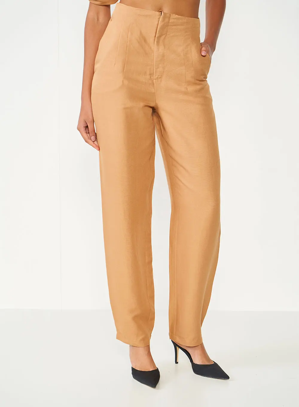 Calça Joana Com Linho Marrom Delle