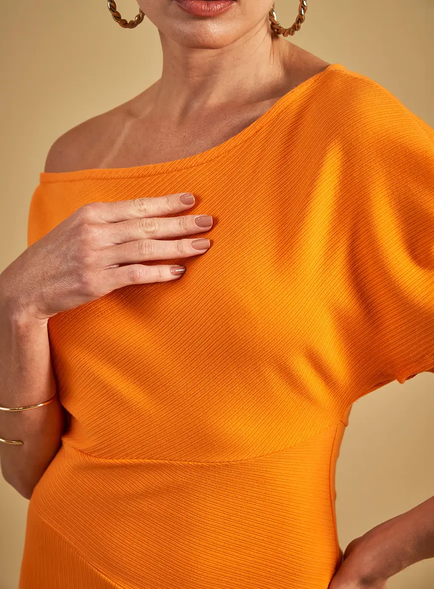 Vestido Canelado Com Fenda Laranja 3