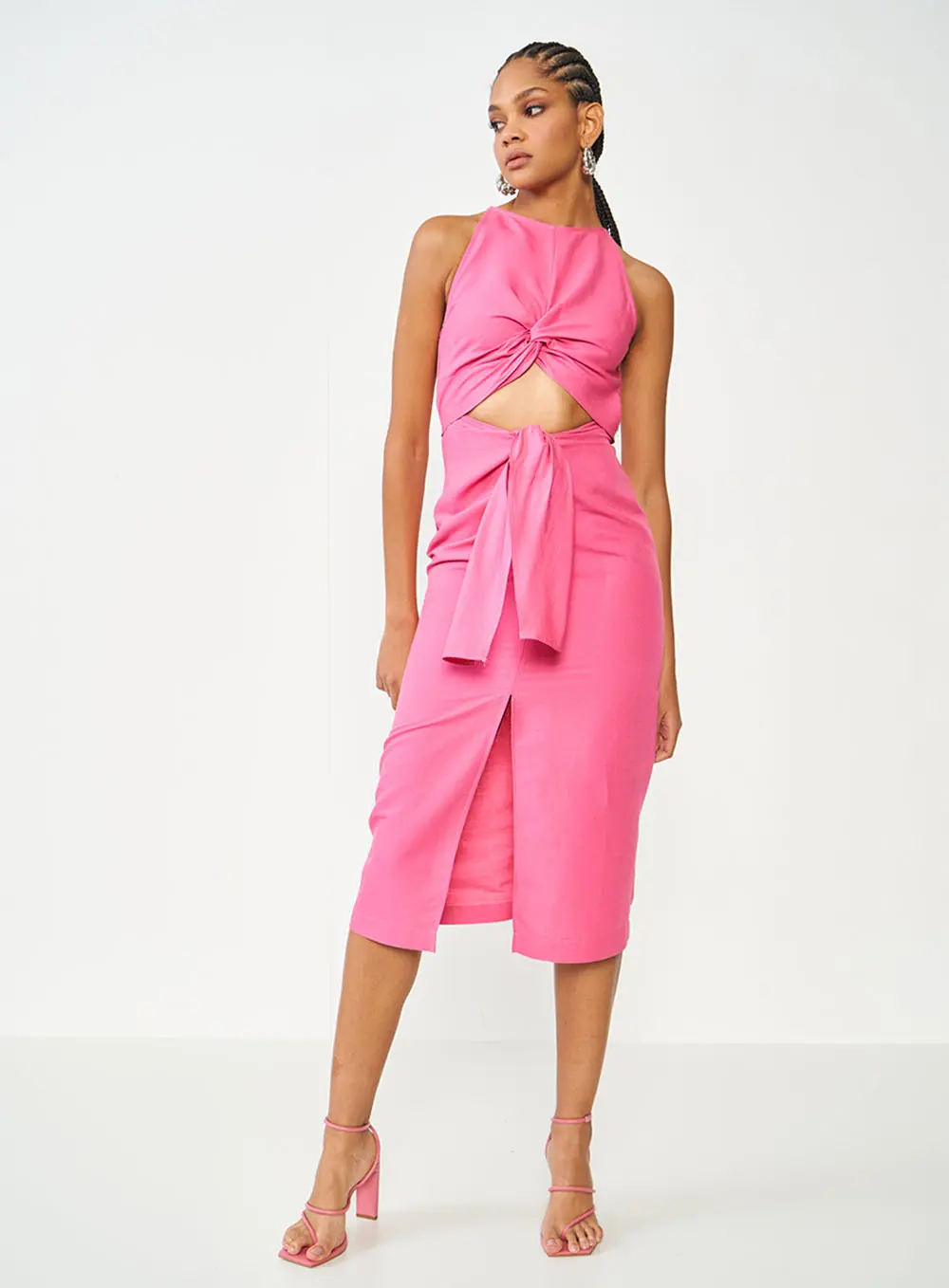 Vestido Slim Com Torção E Recorte Rosa Hiller