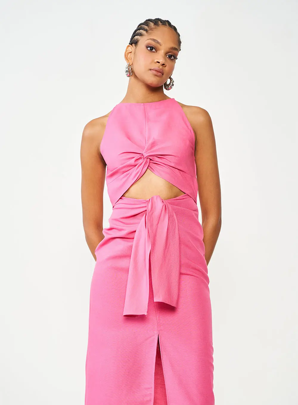 Vestido Slim Com Torção E Recorte Rosa Hiller