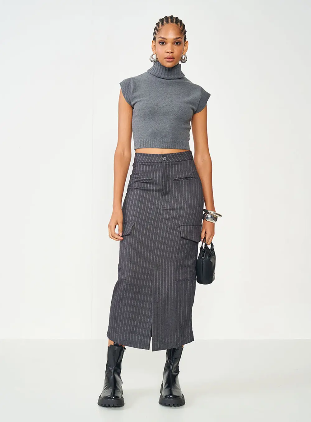 Blusa Cinza Slim De Tricô Gola Alta CINZA