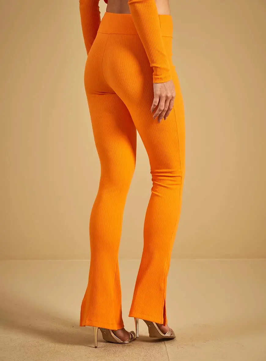 Calça Canelada Fenda Lateral Laranja 2
