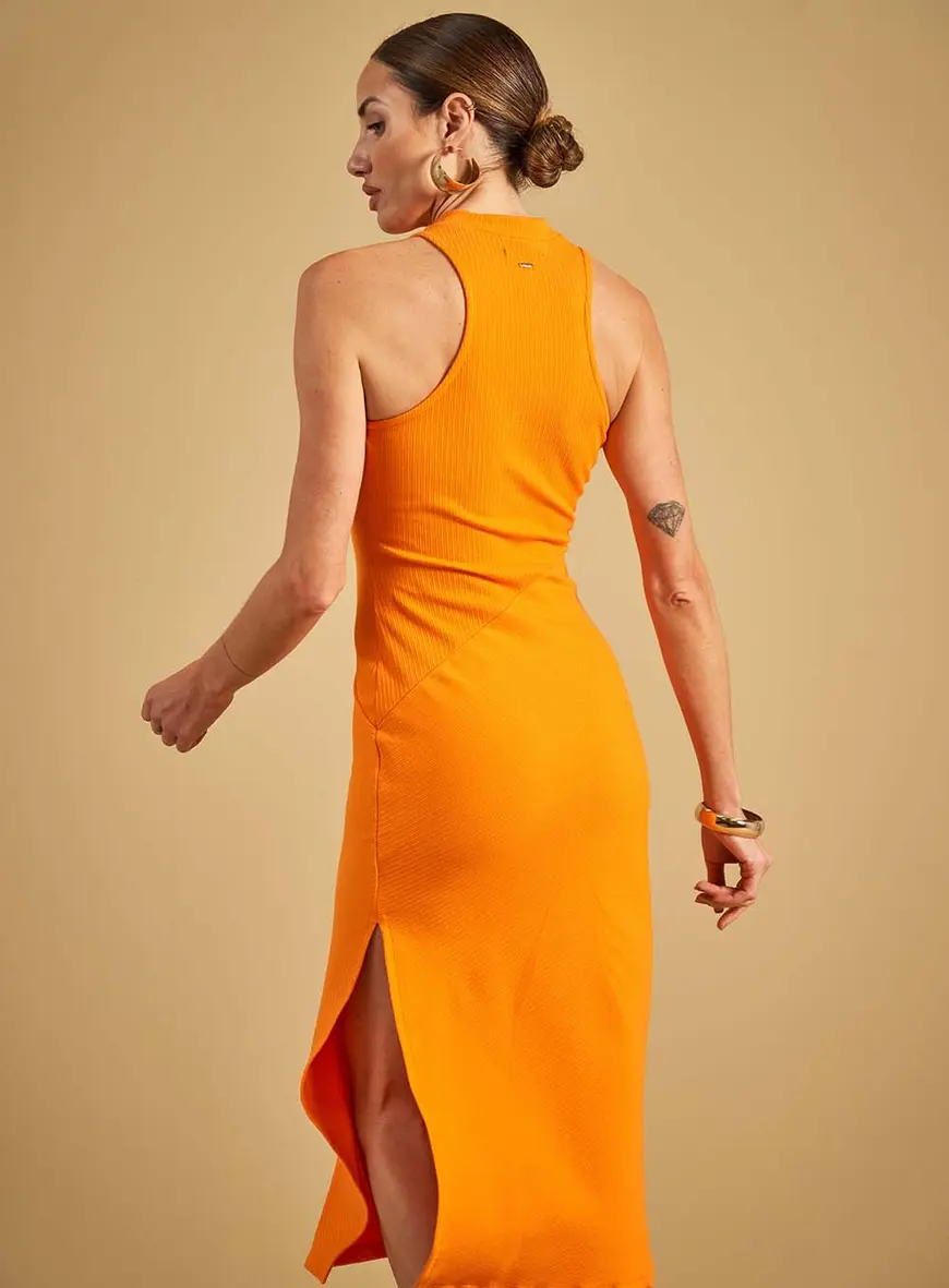 Vestido Canelado Midi Laranja 2