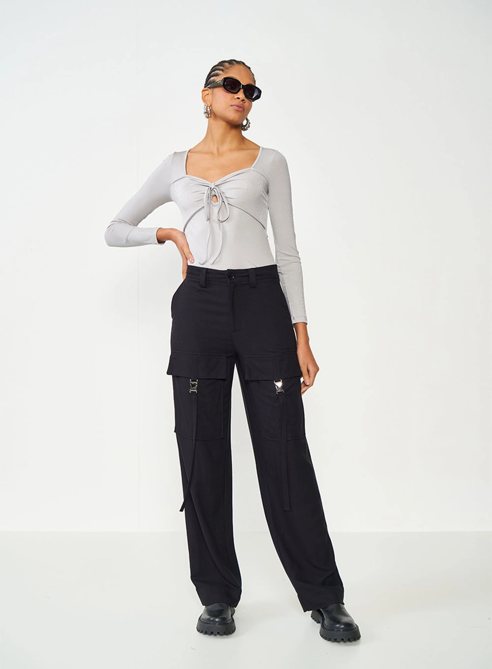 Blusa Canelada Com Amarração Cinza Cinza