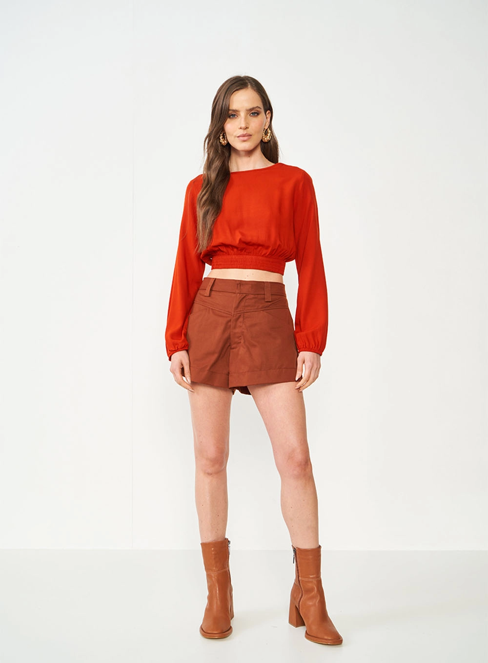 Blusa Cropped Manga Longa Laranja Laranja