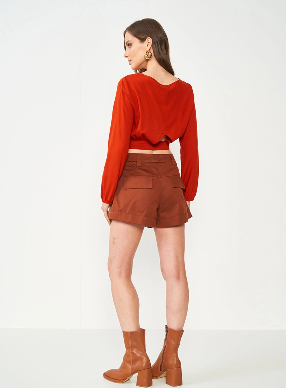 Blusa Cropped Manga Longa Laranja Laranja