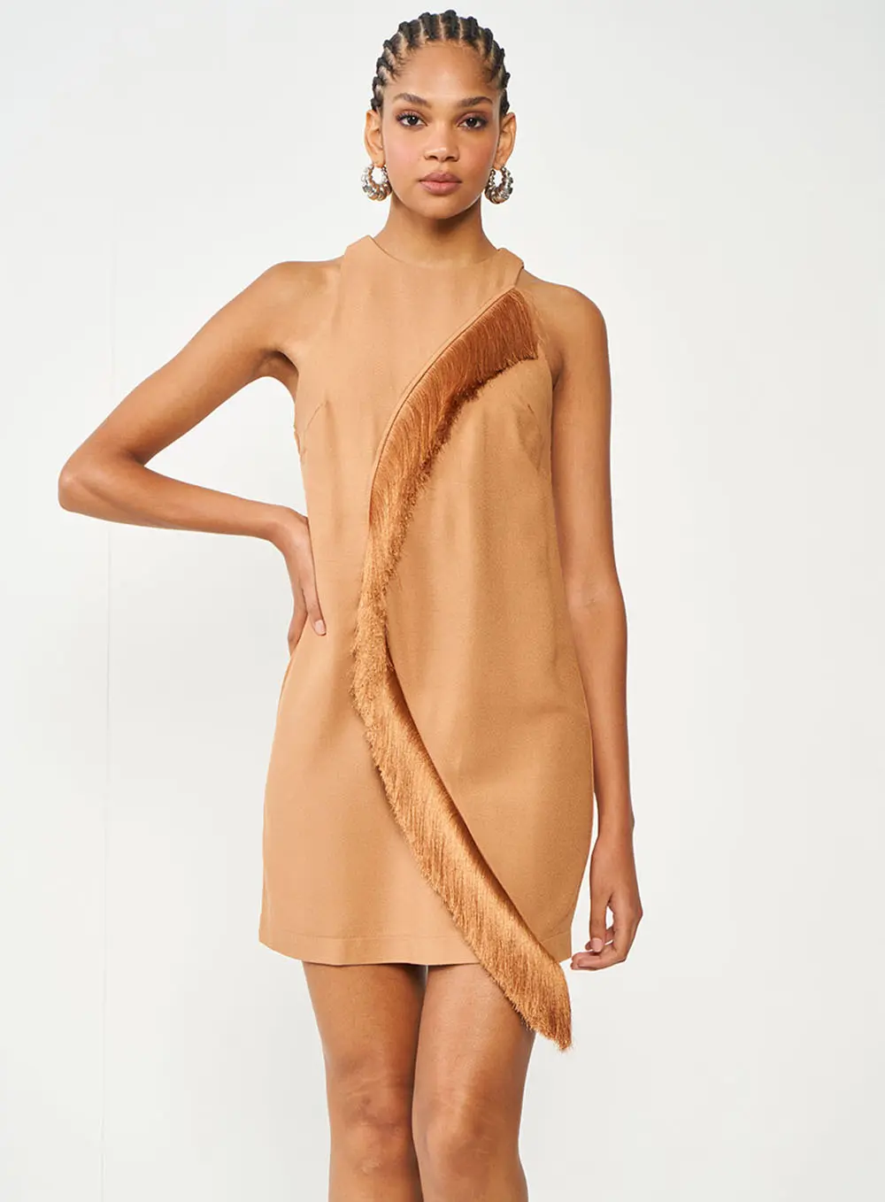 Vestido Curto Com Franja Marrom Delle
