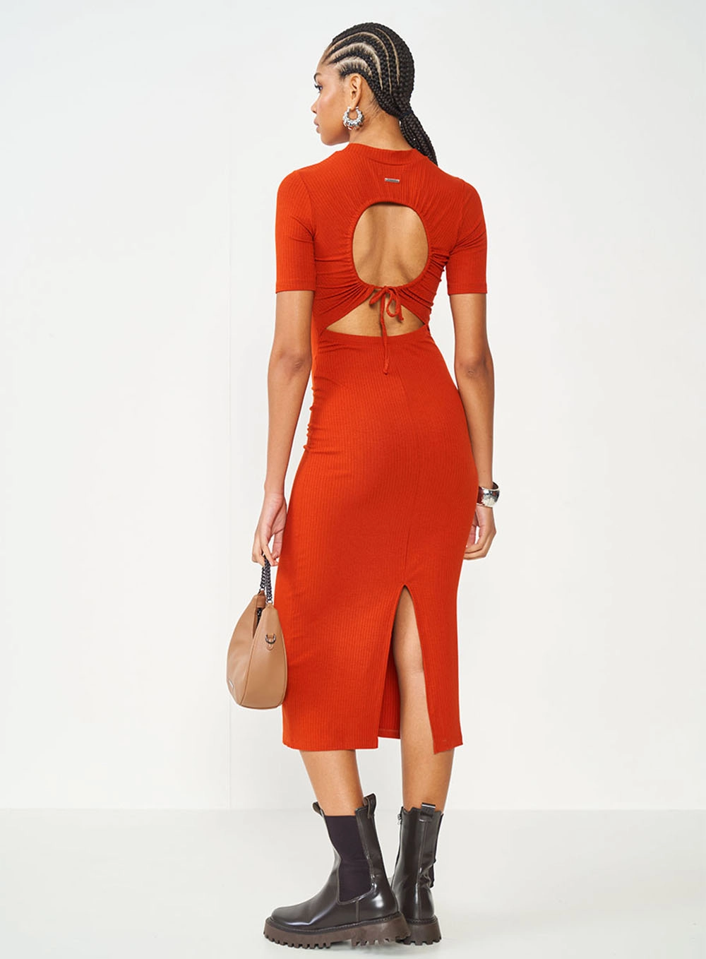 Vestido Midi Canelado Manga Curta Laranja