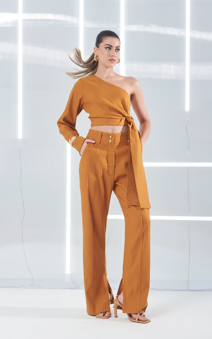 Calça Linho Cintura Alta Marrom 1