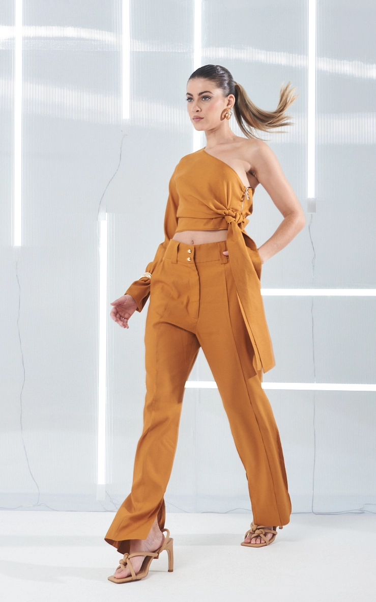 Calça Linho Cintura Alta Marrom 3