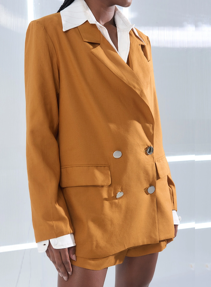 Blazer Em Linho Alfaiataria Com Botões Marrom 3