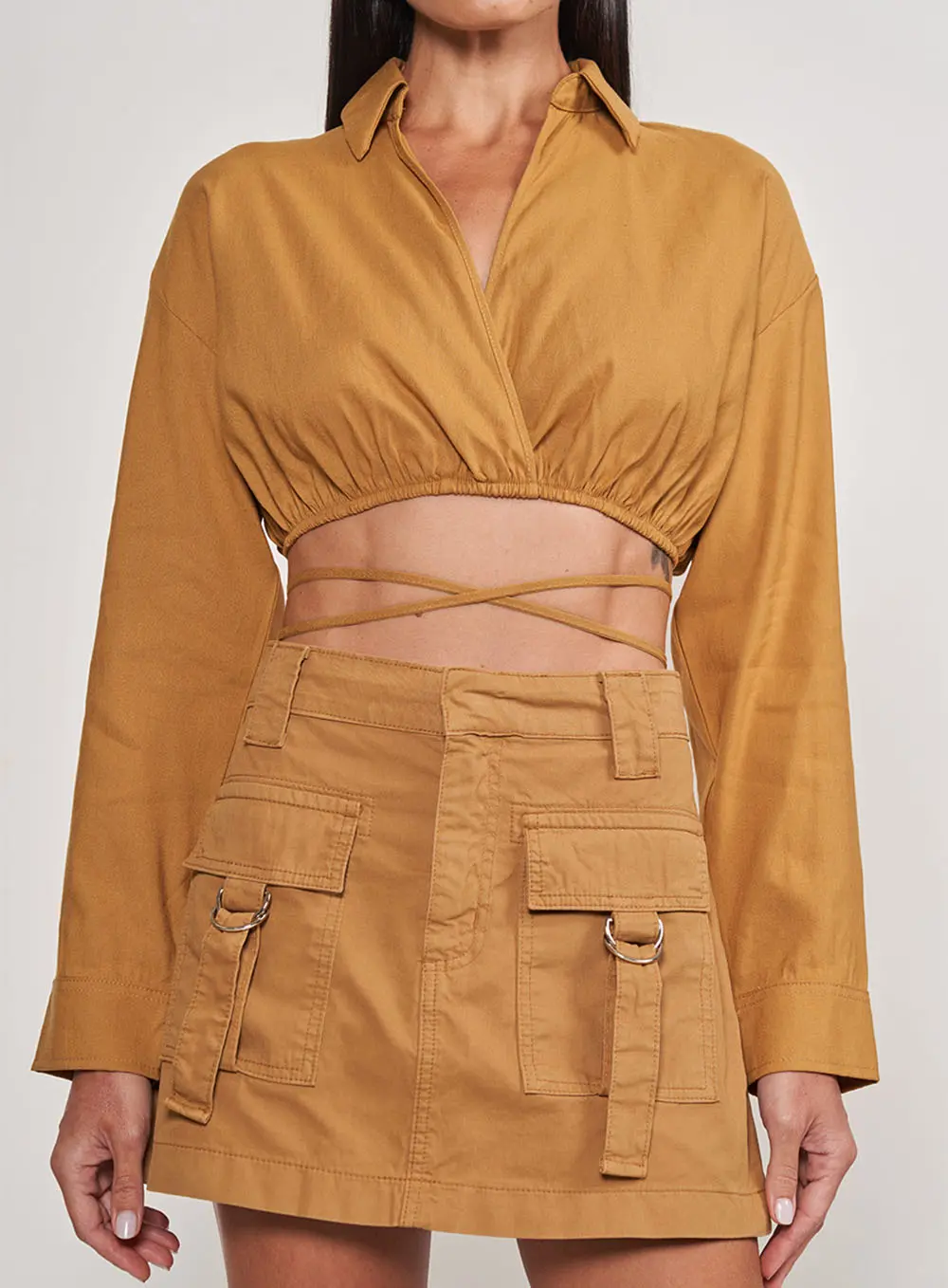 Camisa Cropped Amarração Marrom Marrom Ebbela