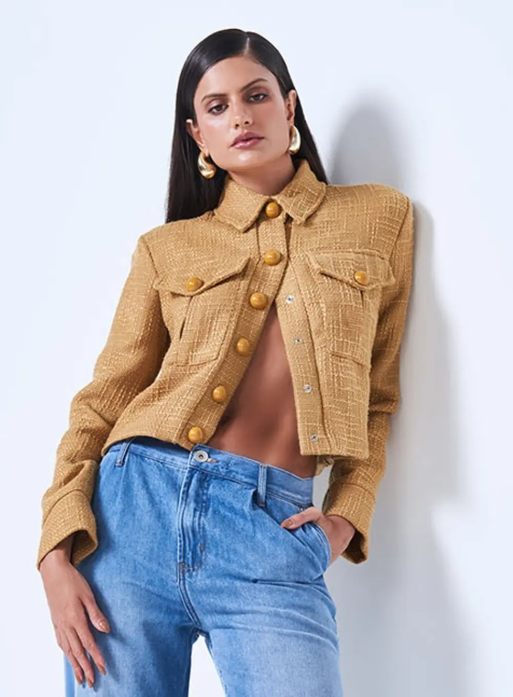 Jaqueta Alfaiataria Tweed Marrom Marrom Ebbela