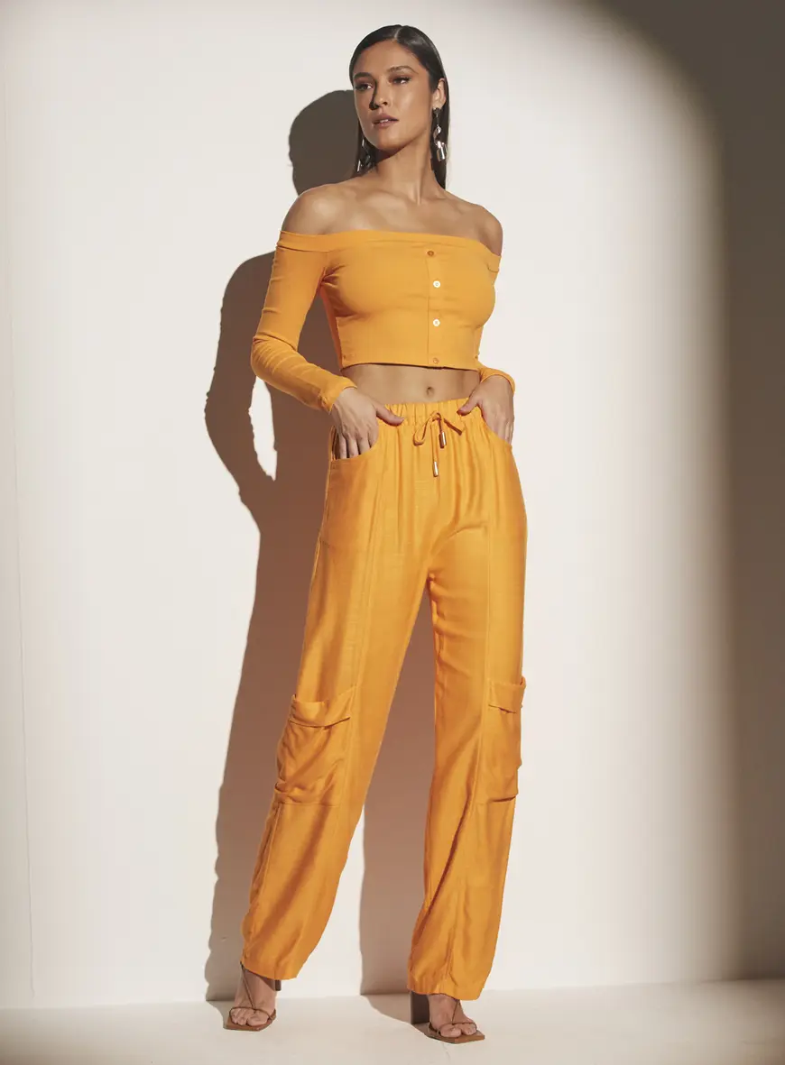 Calça Reta Comfy Com Bolsos Laranja 4
