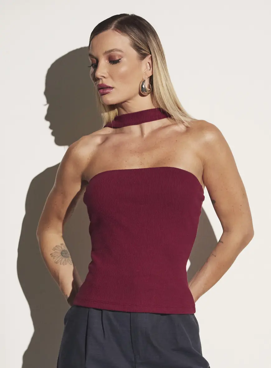 Blusa Canelada Com Tira Removível Bordô Bloodstone 1