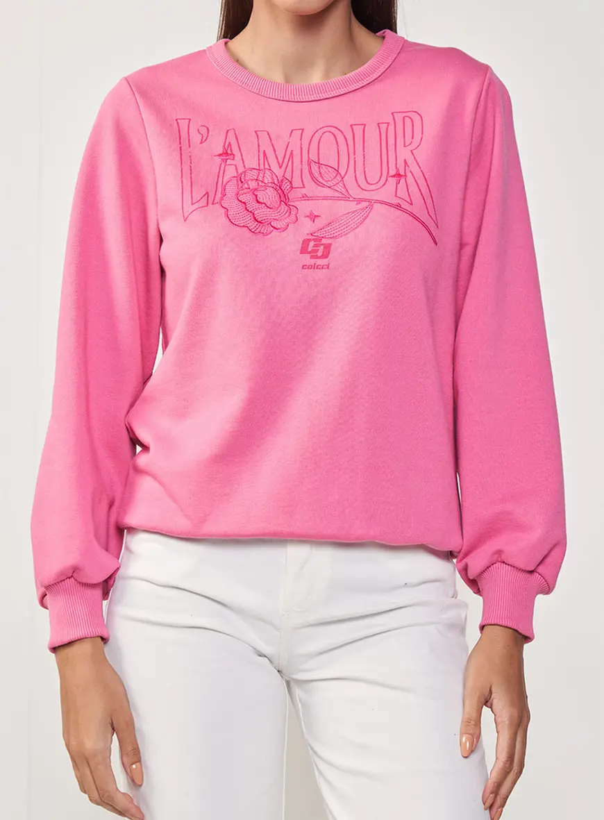 Blusão Moletom Rosa Estampado Bordado Colcci