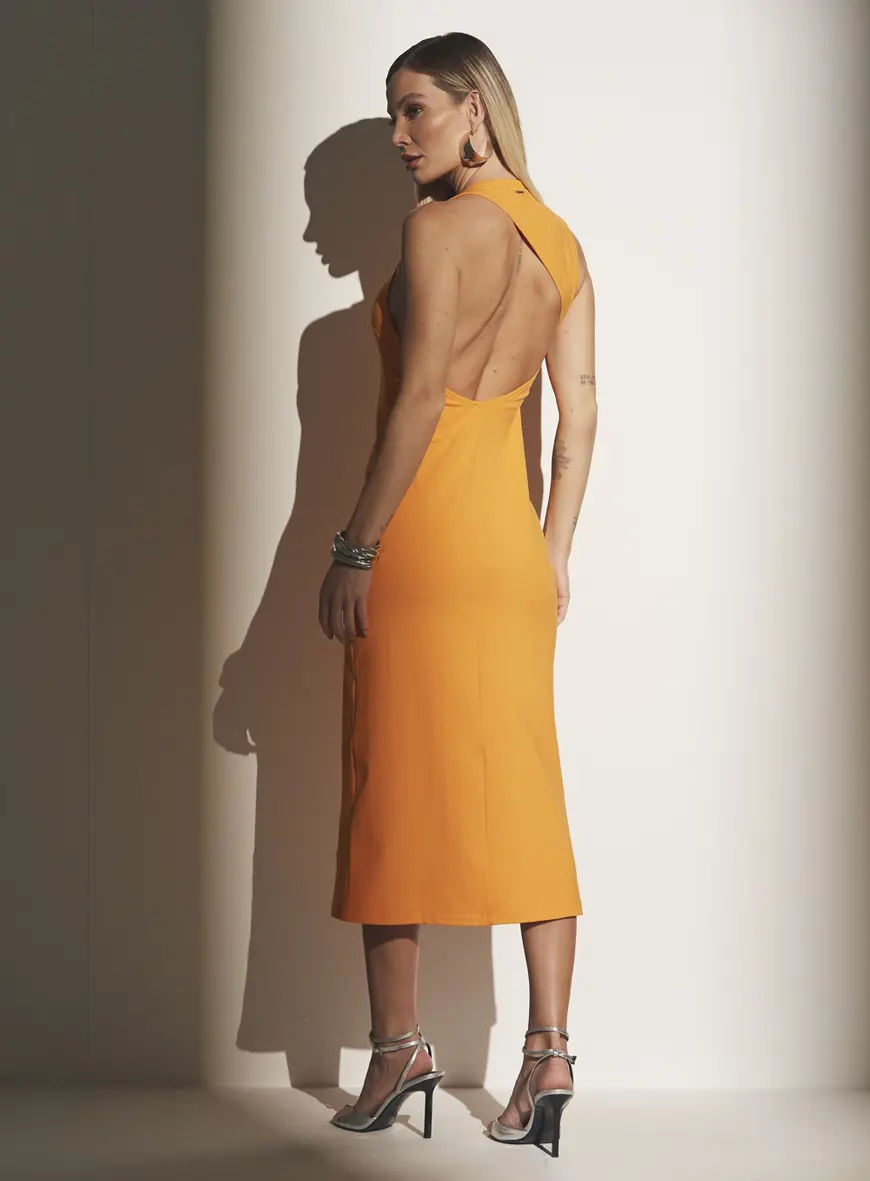 Vestido Midi Costas À Mostras Laranja 2
