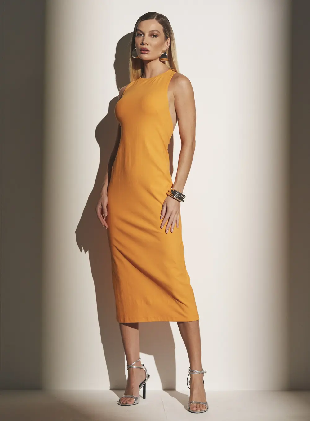 Vestido Midi Costas À Mostras Laranja 4