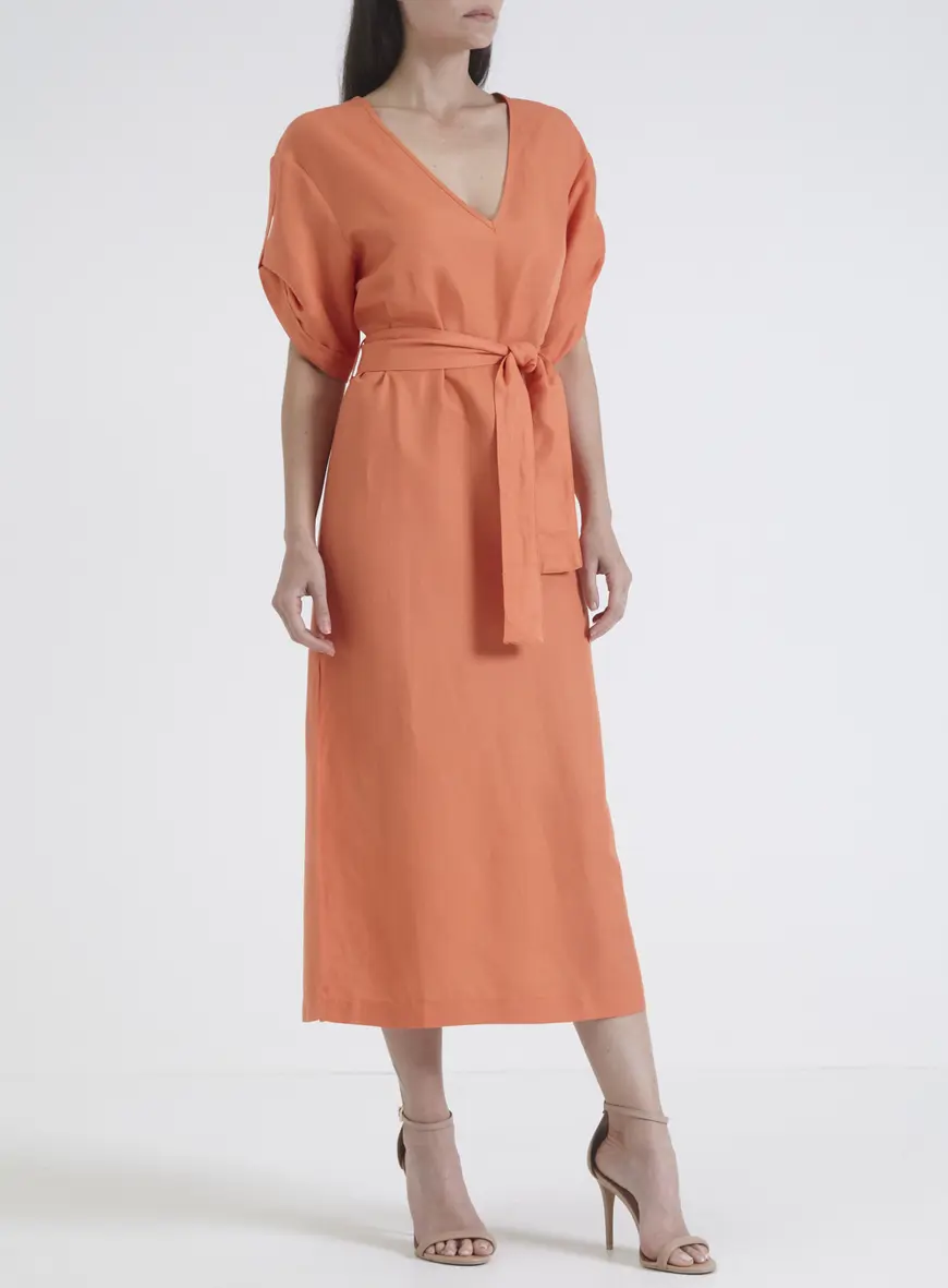 Vestido Linho Reto Com Amarração Laranja