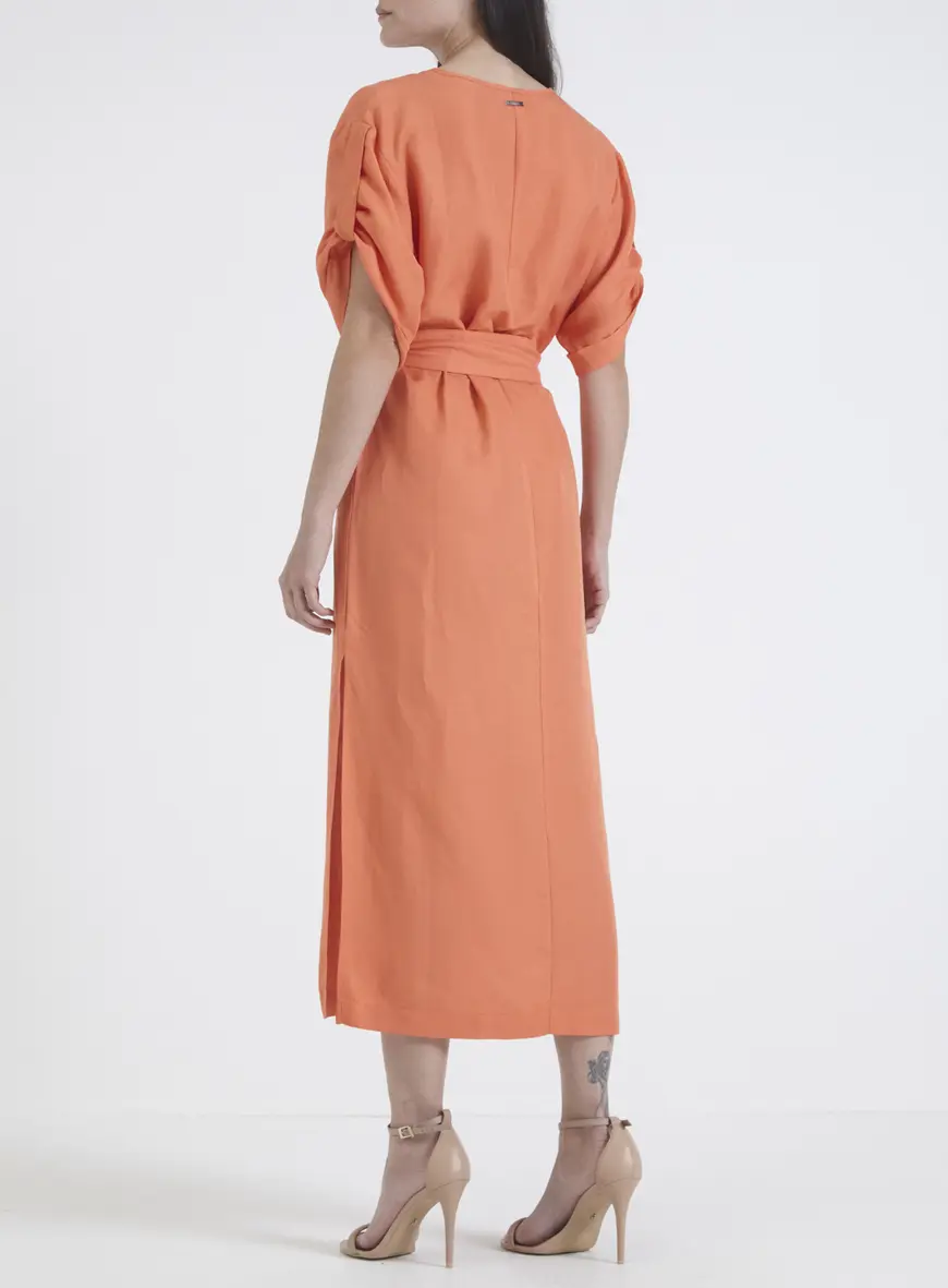 Vestido Linho Reto Com Amarração Laranja