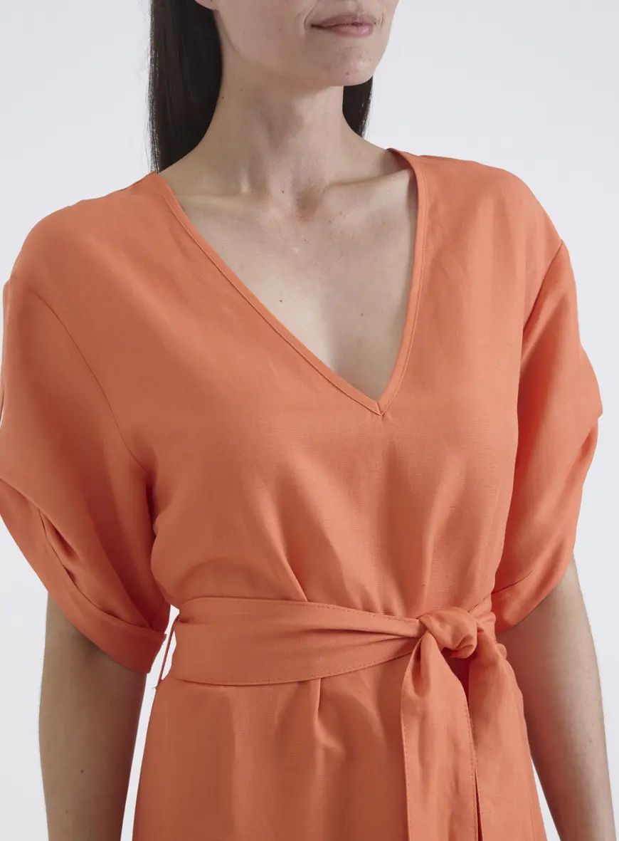 Vestido Linho Reto Com Amarração Laranja