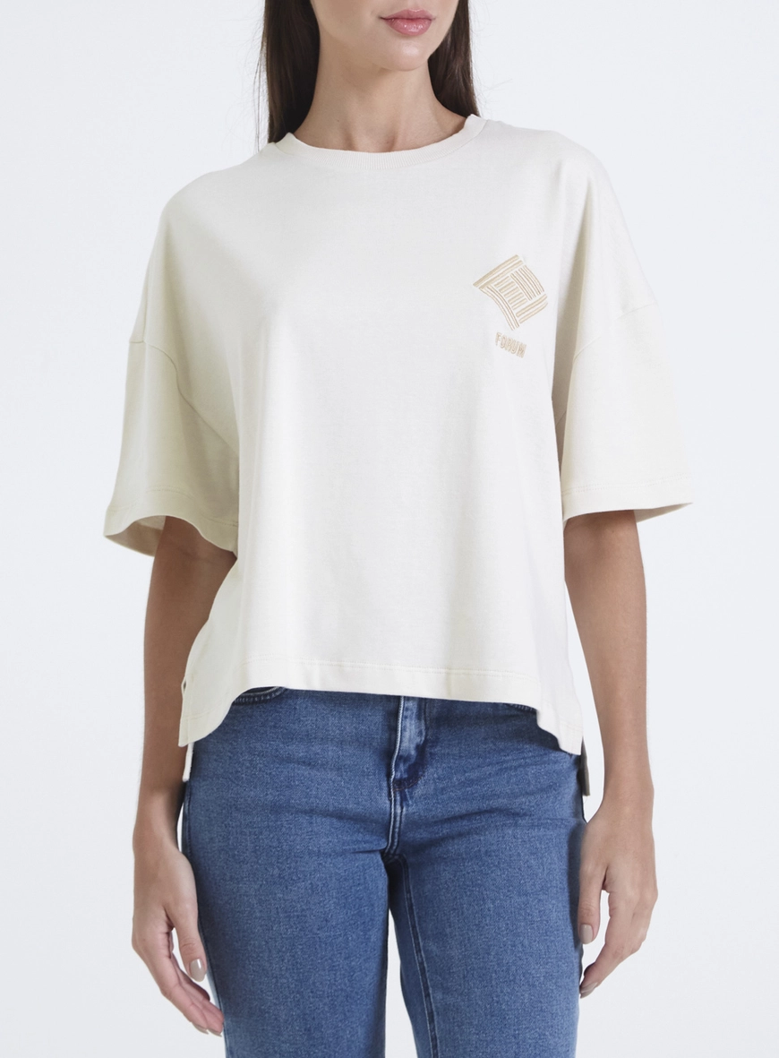 Camiseta Fluída Com Estampa Lateral Bege