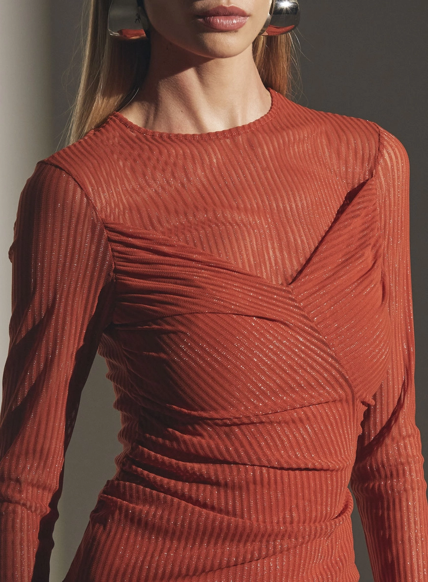 Vestido Tule Canelado Metalizado Laranja 3