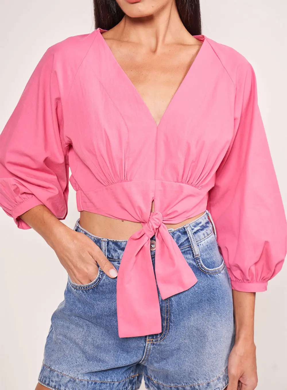 Blusa Decote V Com Amarração Rosa Hiller