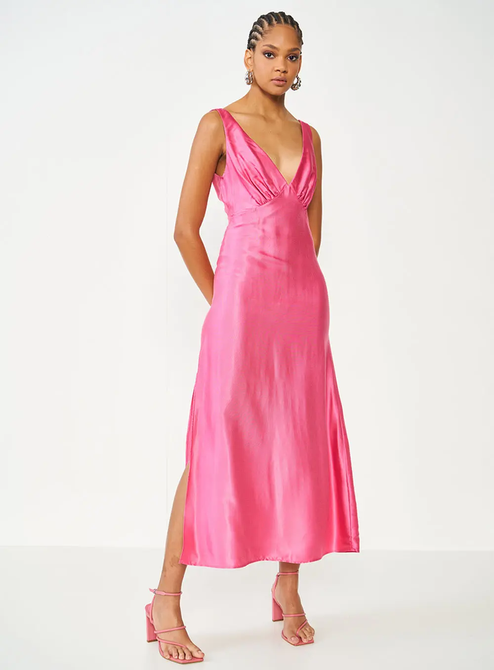Vestido Longo Rosa Com Decote Em V E Fenda Rosa Hiller