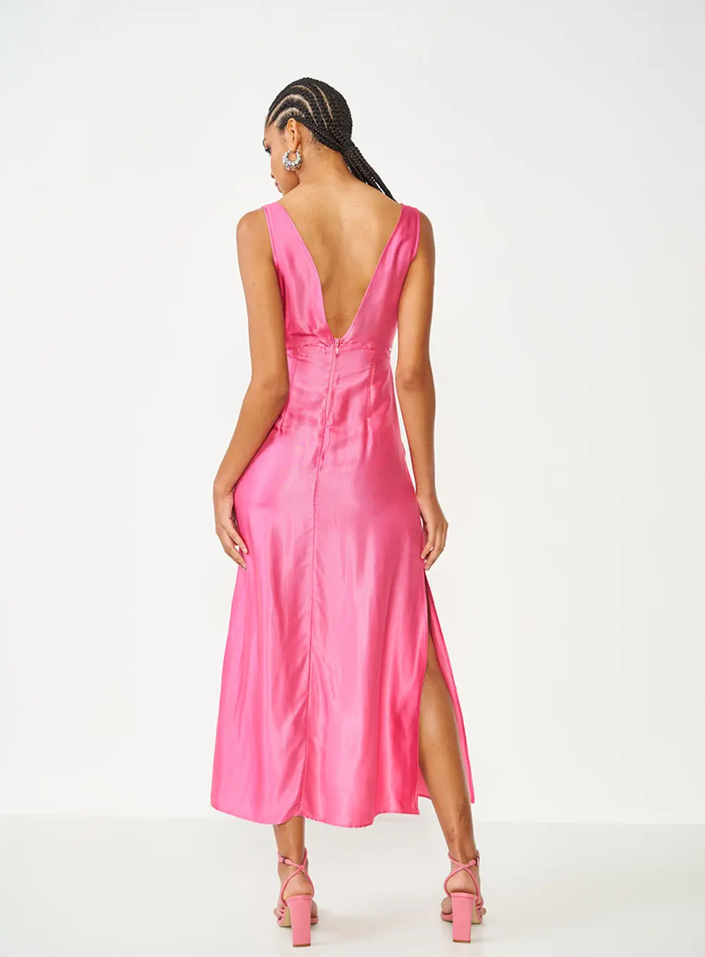 Vestido Longo Rosa Com Decote Em V E Fenda Rosa Hiller