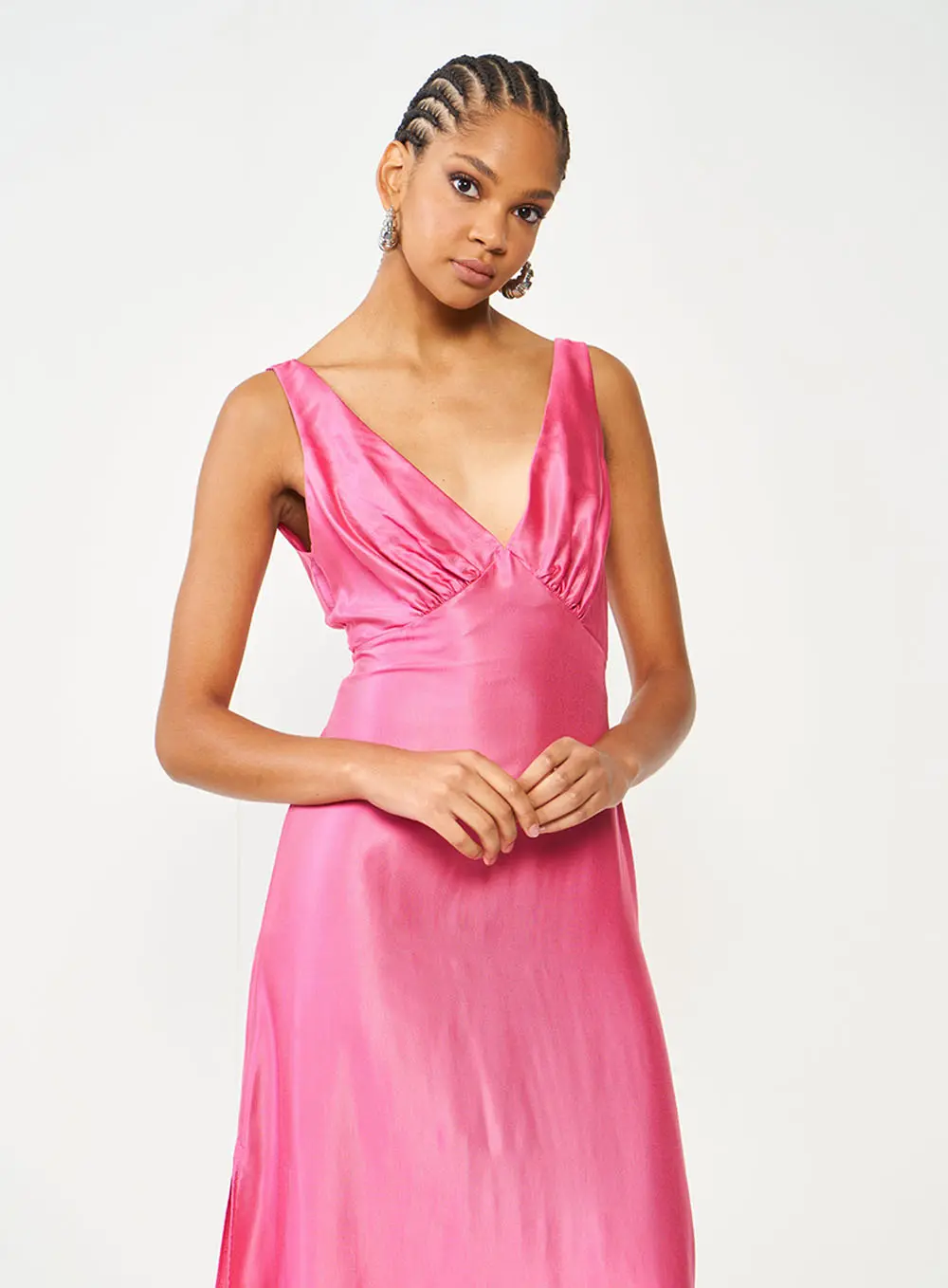 Vestido Longo Rosa Com Decote Em V E Fenda Rosa Hiller