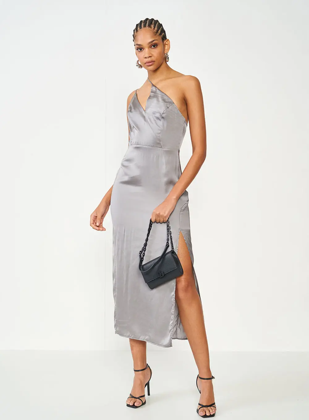 Vestido Assimétrico Com Fenda Cinza