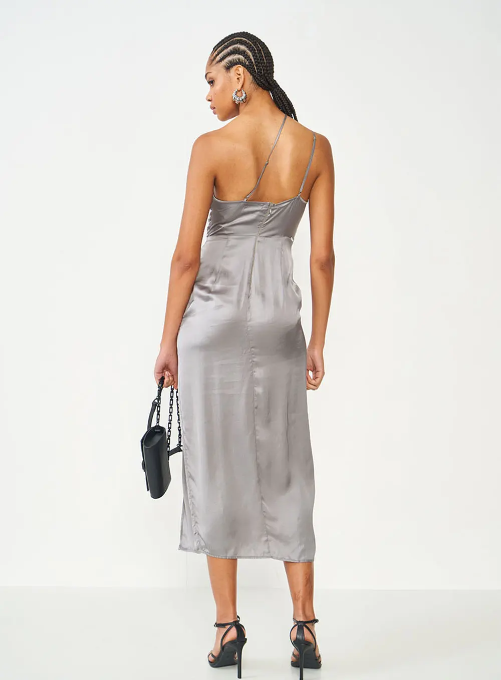 Vestido Assimétrico Com Fenda Cinza