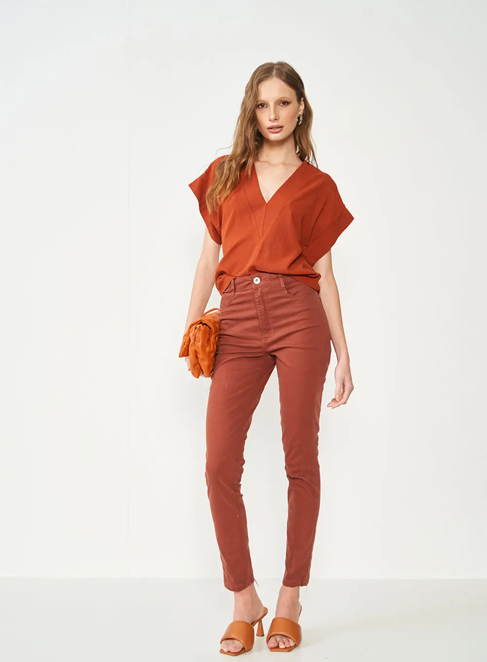 Blusa Gola V Manga Curta Marrom Marrom