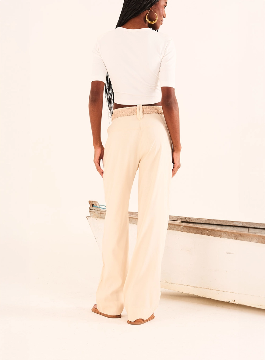 Calça Pantalona Com Linho E Cinto Bege 2
