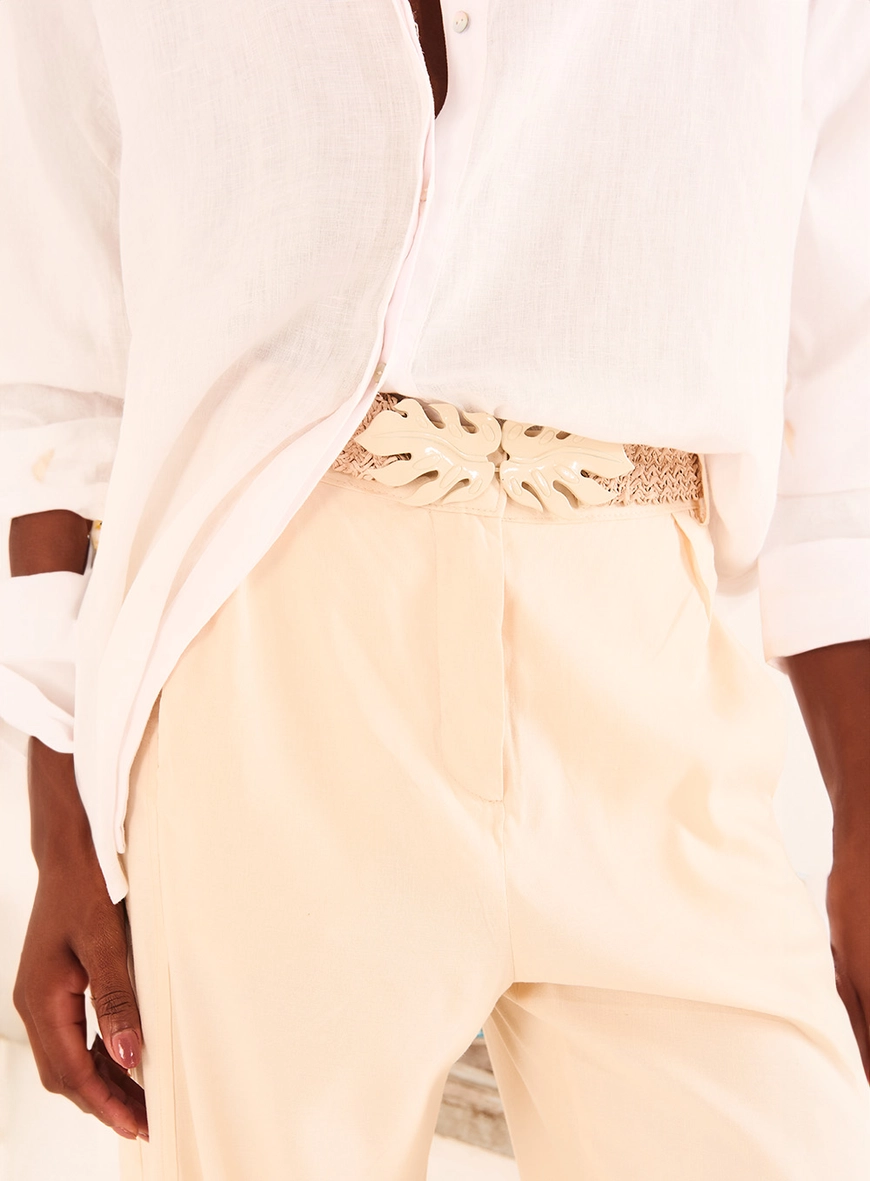Calça Pantalona Com Linho E Cinto Bege 4