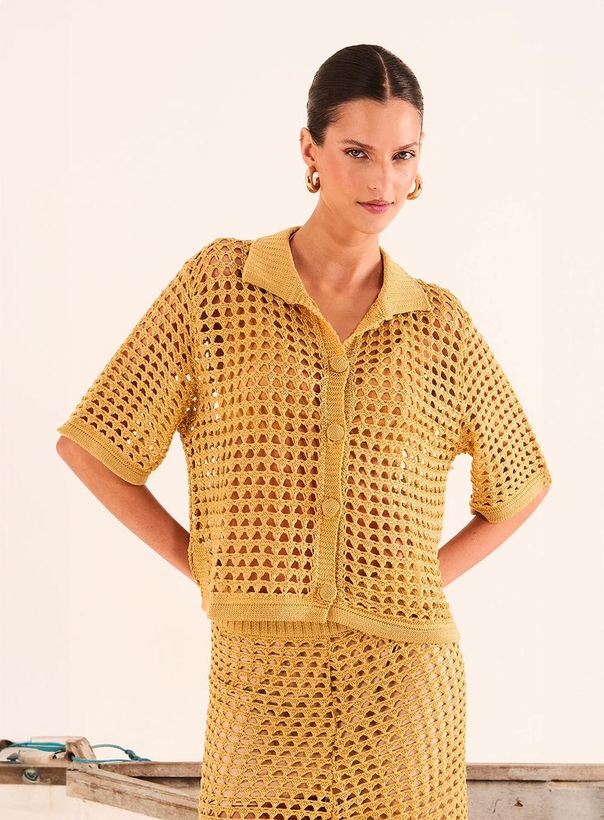 Camisa Manga Curta De Tricô Amarelo 1