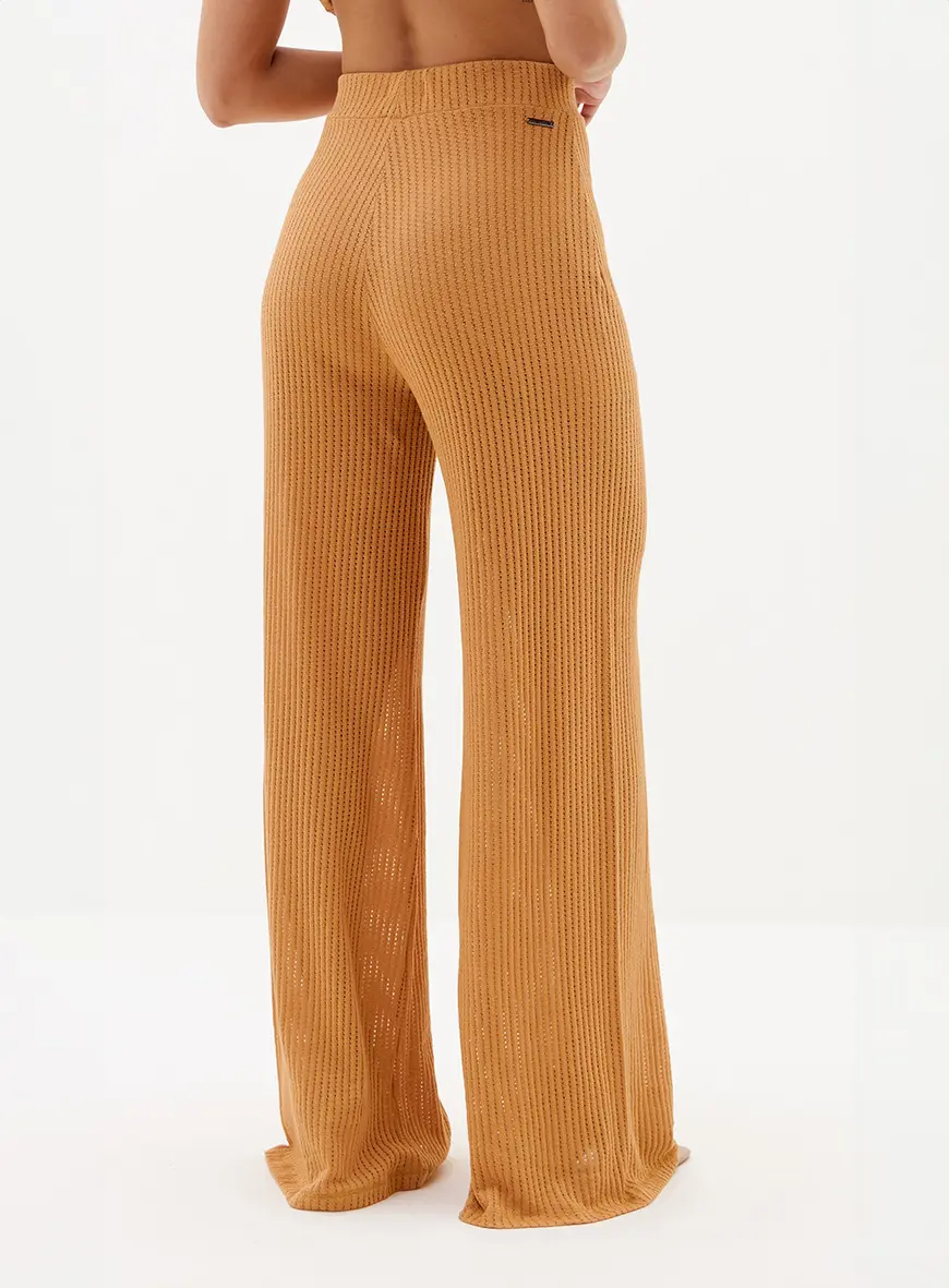Calça Pantalona Tricô Forrada Bege 2