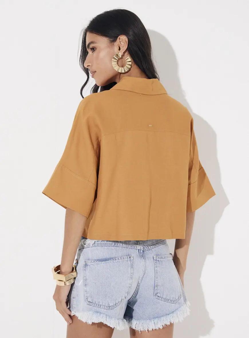 Camisa Cropped Oversized Com Linho Bege 2