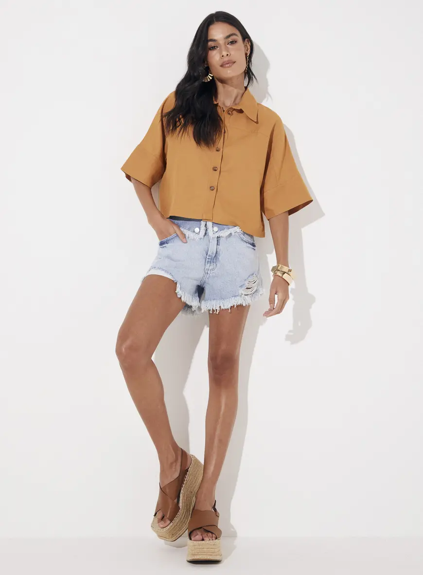 Camisa Cropped Oversized Com Linho Bege 4